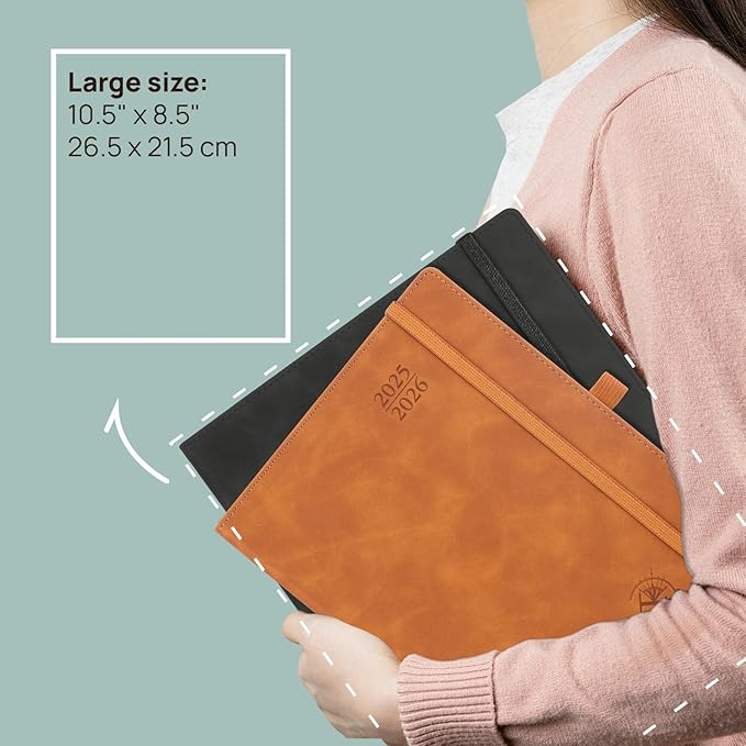 POPRUN Weekly Planner 2025-2026 (Large 8.5''x 10.5'') Academic Calendar (JUL.25 - JUN.26) Appointment Book with Monthly Tabs, Leather Soft Cover, Inner Pocket, 100 GSM - Pink