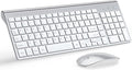 Wireless Keyboard and Mouse Ultra Slim Combo, TopMate 2.4G Silent Compact USB 2400DPI Mouse and Scissor Switch Keyboard Set with Cover, Batteries Included, for PC/Laptop/Windows/Mac - Silver White