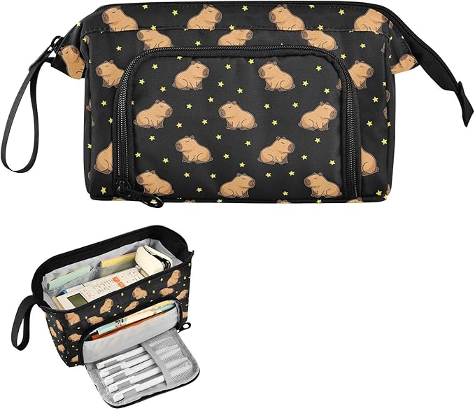 Capybara Stars Black Pencil Case Pouch Big Capacity Pencil Bag Box Organizer Pen Case with Compartmens Stationery Organizer for Girls Boys Adults Women School Office