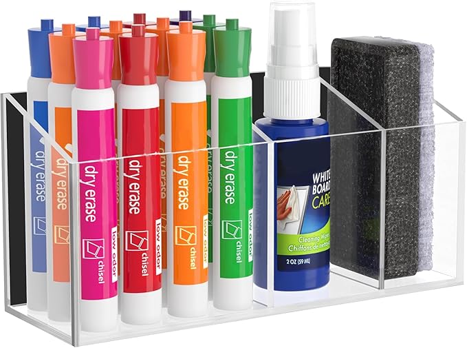HBlife Magnetic Dry Erase Marker Holder for Whiteboard with 3 Compartments, Acrylic Wall Mount Magnet Pen Pencil Holder for Refrigerator, Locker Organizer Accessories for Classroom Office, Clear