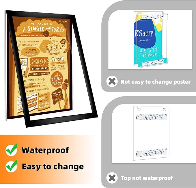 12 Pack 8.5x11 Acrylic Sign Holder Wall Mount with Framed Border, Peel & Stick Adhesive & 180° Flip Design - Single-Sided Clear Plastic Display for Menu, Poster, Flyer (Horizontal/Vertical) - Office, Home, Restaurant,No Drilling