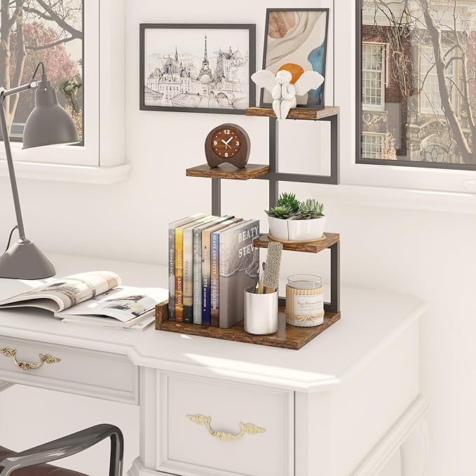 YMYNY Desktop Shelf Organizer, 4 Tier Storage Display Rack, Desk Shelf Organizer Small Bookshelf with Metal Frame for Office, Books, Plants, 12.2" x 9.45" x 17.52", Rustic Brown Black UHSR007H