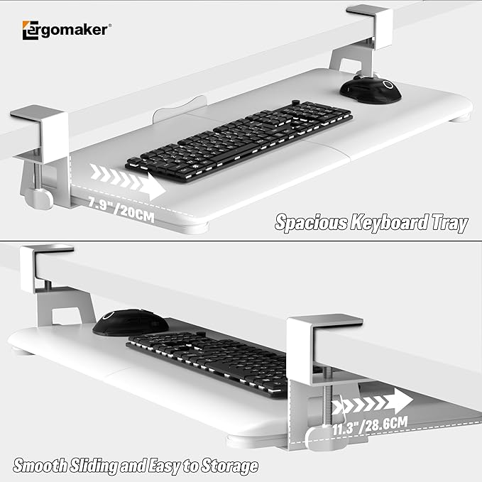 Keyboard Tray Under Desk, Pull Out Keyboard Tray with C Clamp Mount, 25.6" (29.7" Including Clamps) x 11.8" Slide-Out Platform Computer Drawer for Typing, Keyboard & Mouse Tray, White