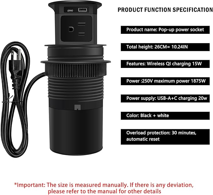 Pop Up Outlet; 15W Wireless Charger, 4 Outlets 1875W USB-A/C PD20W Super Charging 6.5FT 16AWG Cable 3.86 inch Desk Hole Pop Up Power Outlet for Kitchen Countertop,Office Table (Black)