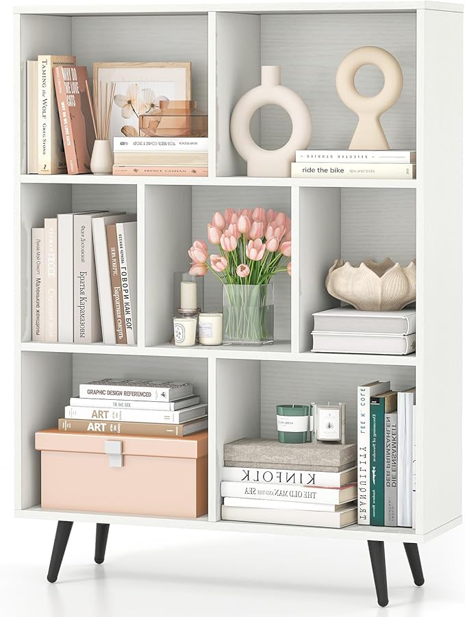 Tangkula 7-Cube Bookcase, Modern Storage Bookshelf with 4 Tapered Metal Legs & 2 Anti-Tip Kit, Freestanding Display Rack for Living Room, Study Room (White, 7-Cube)
