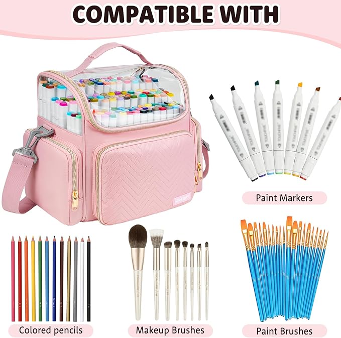 Large Marker Organizer Case for 200-300 Markers,Travel Marker Storage Bag with Dividers and 4 Pockets,Marker Organizer Holder for Paint Brushes,Colored Pencils and Other Art Supplies,Bag Only,Pink