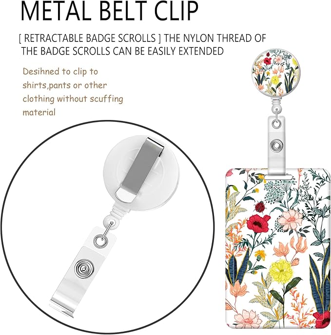 BLOCIT ID Badge Holder with Lanyard - Fashionable ID Card Holders with Retractable Lanyards - Soft Fiber Metal Clip Sturdy Buckle for Key Wallet - Work Nurse Teacher (Beautiful Colorful Floral)