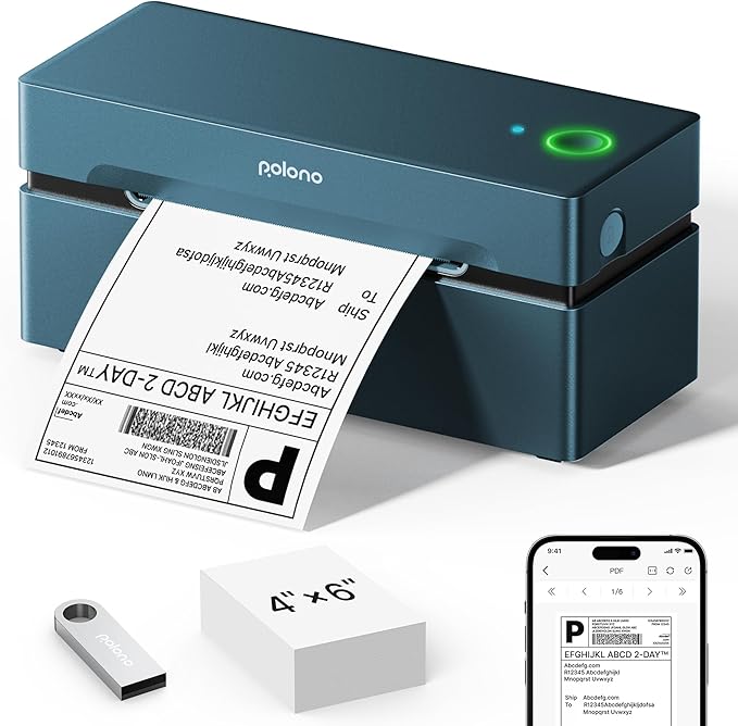 POLONO Bluetooth Thermal Shipping Label Printer, Wireless 4x6 Shipping Label Printer for Small Business, Support iOS, Android, Windows, Mac. Compatible with Amazon, Ebay, Shopify, Etsy, USPS (Blue)