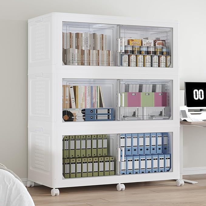 120GAL Storage Bins with Lid and Wheels, Stackable Closet Organizers and Storage Drawer, Collapsible Storage Box with Dividers, Foldable Plastic Cabinets for Room, Kitchen, 3 Pack White