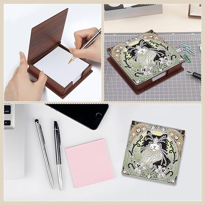 Wooden DIY Black White Cat Diamond Art Notecard Box – DIY Gem Art Sticky Note Holder for Adults 160 Sheets Memo Pad Storage