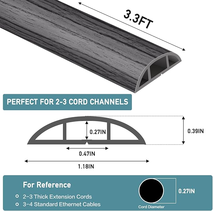 Floor Cord Cover Self Adhesive Cord Hider Floor Extension Cord Covers for Floor Power Cord Protector Cable Management Prevent Cable Trips Cable Cavity 0.47" W x 0.27" H (Deep Grey Wood, 3.3Ft)