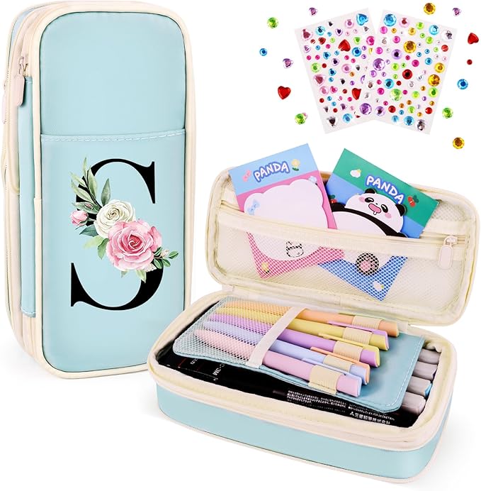 Preppy Pencil Case for Girls, Cute Large Pencil Pouch, Personalized Initial Pencil Bag with Zipper for School College Office Supplies, Back to School Supplies Gifts for Teen Girls (S, Blue)