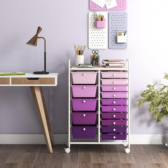 ARLIME 15-Drawer Storage Cart, 15 Drawer Trolley, Rolling Organizer Cart, Scrapbook Paper Organizer, Suitable for Office and School, Rolling Office Storage Tools (Purple Gradient)