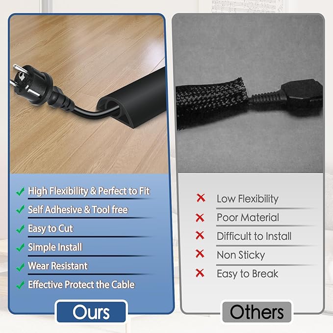 Floor Cord Cover for Wires on Floor Self Adhesive Cord Hider Floor Cable Management Wire Covers for Cords Protector Prevent Cable Trips Cord Cavity W 0.32" x H 0.32", Black, 10Ft