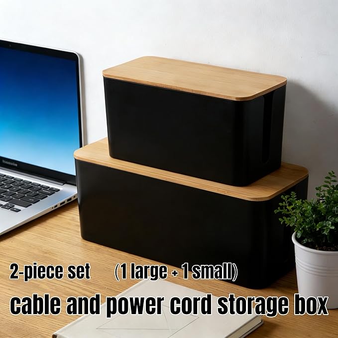 1Large+1Small Cable Organizer Set-2-Piece Home Office Desk Wire Management Storage Box,Cable Storage Box(Bamboo lid/Black)