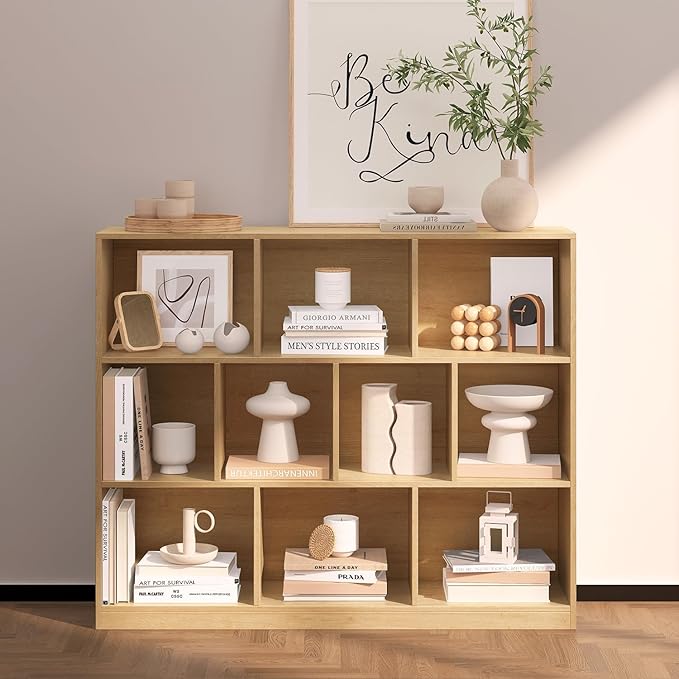 10 Cube Bookshelf with Base,Wooden Cube Storage Organizer,Open Shelf Bookcase for Bedroom, Living Room, Office, Study Room