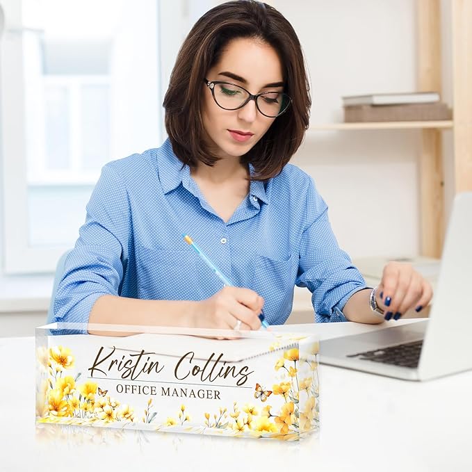 Custom Name Plate for Desk, Personalized Desk Name Plate on Clear Acrylic Glass, Appreciation Gifts for Teacher Employee Boss Coworkers Nurse, Office Desk Accessories for Women Men (Daffodil)