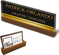 Artblox Personalized Office Desk Name Plate With Business Card Holder | Clear Acrylic Glass with Teak Wood Stand | Black Gold Stripe Design Customized with Your Name and Credentials Office Desk Décor