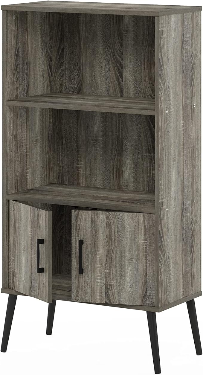 Furinno MIDCENTURY Storage Shelves, Storage Cabinet with Doors and Shelves, Bookshelf with Legs, for Living Room, Home Office, Grey Oak