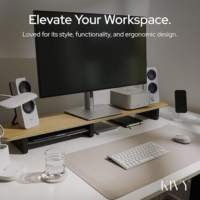 KIVY Dual Monitor Riser With Integrated Metal Shelf [MADE BY HAND] - Wooden Desk Shelf for 2 Monitors - Wide Long Stand for Desk (44 x10x3in - Oak)