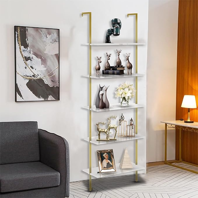 aboxoo Ladder Shelf White Marble Bookshelf 5-Tier Wall-Mounted Wood Rack Industrial Modern Plant Flower Stand Utility Organizer Open Bookcase Metal Frame Furniture Office Kitchen Bedroom