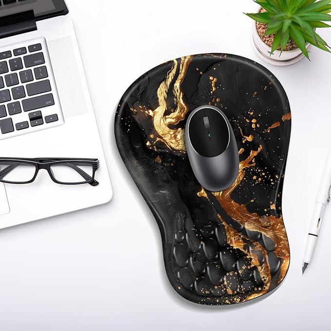 YIWEI Ergonomic Mouse Pad with Wrist Rest - Comfortable Office Mousepad with Memory Foam Wrist Support for Carpal Tunnel Relief, Mouse Pads with Non-Slip Base for Gaming and Home (Gold)