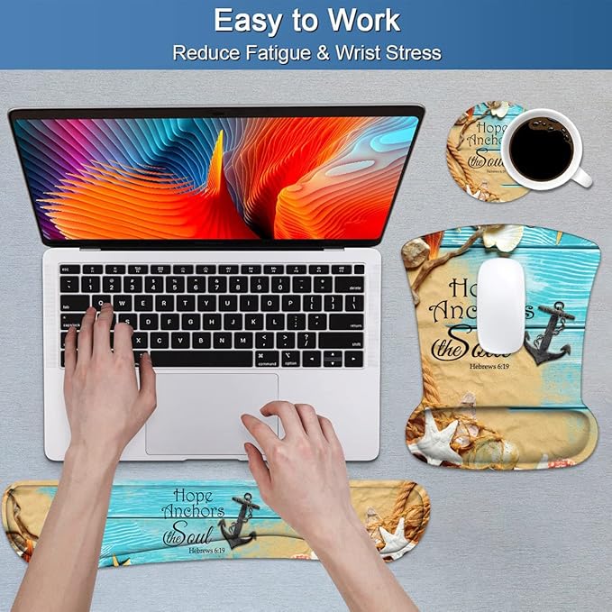 Keyboard Wrist Rest and Mouse Pad Wrist Support Set with Coasters, Non-Slip PU Base Ergonomic Gaming Mousepad for Home Office Working Studying Easy Typing & Pain Relief, Bible Verses Hebrews 6:19