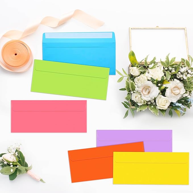 Outus 500 Pcs #10 Colored Envelopes Business Envelopes Adhesive Security Letter Size for Mailing Office Letter Check Invoices Letterhead Invitations Announcements 4-1/8 x 9-1/2''(Bright)