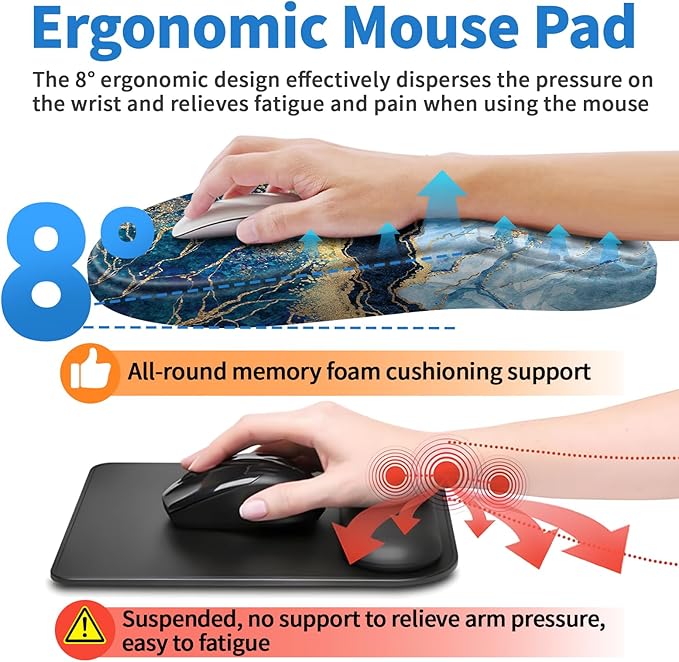YIWEI Ergonomic Mouse Pad with Wrist Rest - Comfortable Office Mousepad with Memory Foam Wrist Support for Carpal Tunnel Relief, Mouse Pads with Non-Slip Base for Gaming and Home (Marble)
