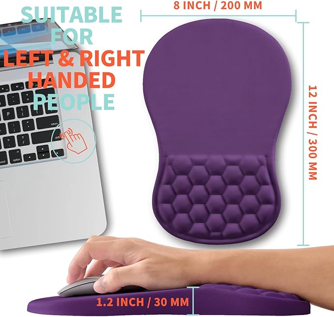 Ergonomic Mouse Pad Wrist Support with Memory Foam Massage Bulge, Carpal Tunnel Pain Relief Mousepad Wrist Rest for Mouse(12x8 inch, Deep Purple)
