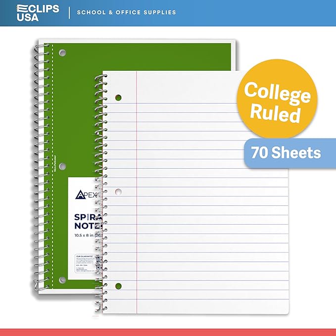 Spiral Notebook College Ruled Notebooks 70 Sheets Single Subject Notebooks Bulk 6 Color Assortment 3 Hole Perforated Sheets (6 Pack College Ruled)
