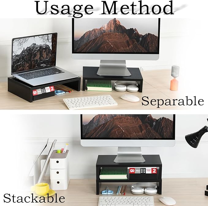 TEAMIX Wood Monitor Stand Riser-2 Pack, 2 Tier Adjustable Monitor Stand Dual Monitor Riser for 2 Monitors/Laptop/PC Black Computer Stand for Desk