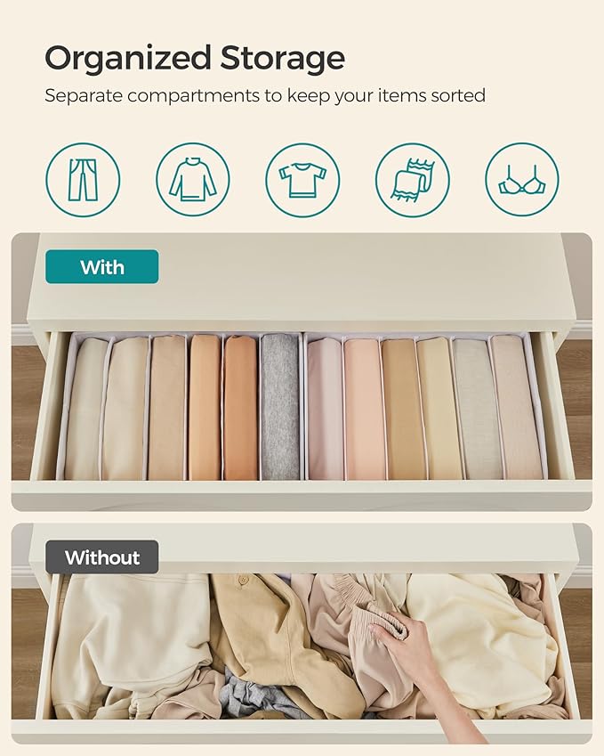 SONGMICS Set of 6 Large Size Wardrobe Clothes Organizers, 6-Compartment Foldable Drawer Organizers with Handles, 16.5 x 11.8 x 6.7 Inches, for Pants, Sweaters, Jeans, Cloud White URUS009W03