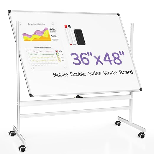 VUSIGN Rolling Dry Erase Board, 48 x 36 Inches Double-Side White Board on Wheels, Height Adjust Mobile White Boards, Large Portable Whiteboard with Stand for Office, Classroom & Home
