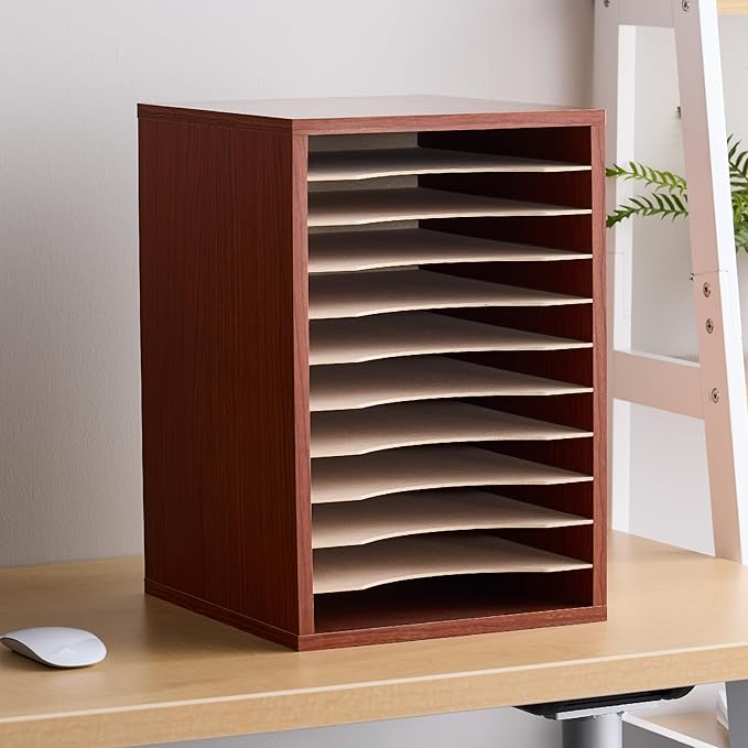 Safco Vertical Literature Organizer, 11 Compartments, Office and Classroom Mailbox with Adjustable Shelves, Wood Paper and Mail Sorter, Cherry