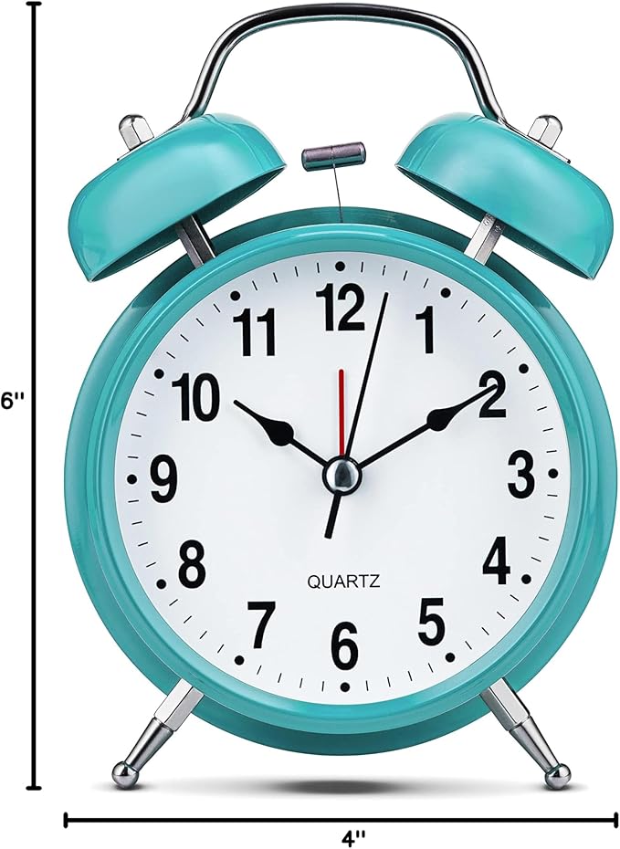 Bernhard Products Analog Alarm Clock 4" Twin Bell Robin Egg Blue Silent Non-Ticking Quartz Battery Operated Extra Loud with Backlight for Bedside Desk, Retro