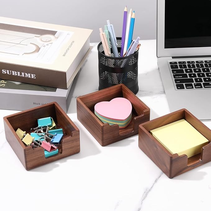 Bamber Sticky Note Holder Cute for Desk Walnut Wood Notepad Holder Organizer for Office School Home, Pack of 2