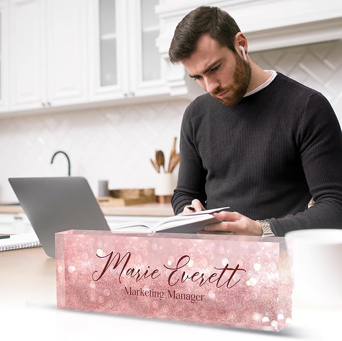 Personalized Name Plate for Desk Custom Acrylic Desk Name Plate Custom Employee Appreciation Gifts Office Gifts for Women, Men, Boss, Coworkers, Teacher, Nurse (B-Pink Crystal)