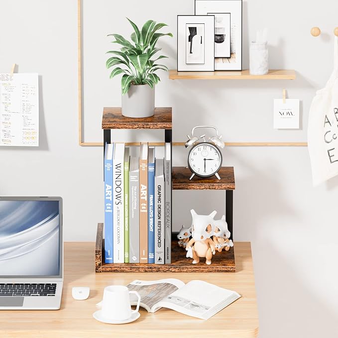 Gannyfer Desk Shelf Organizer - Wood Desktop Shelf, Freestanding Desk Hutch Office Decor, 3 Tier Storage Display Rack, Small Bookshelf with Metal Frame for Books/Plants/Toys (Rustic Brown Black)