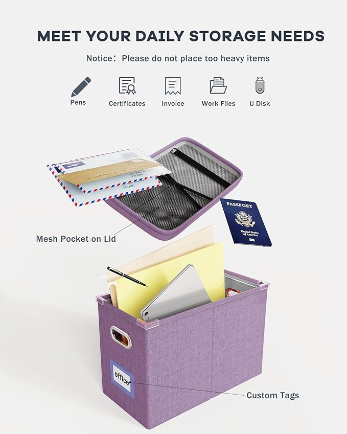 Oterri File Organizer With Lid, Hanging Filing Box With Mesh Pocket, Document Organizer for Letter Files, Portable Storage for Office & Home (2 PCS, Taro Purple)
