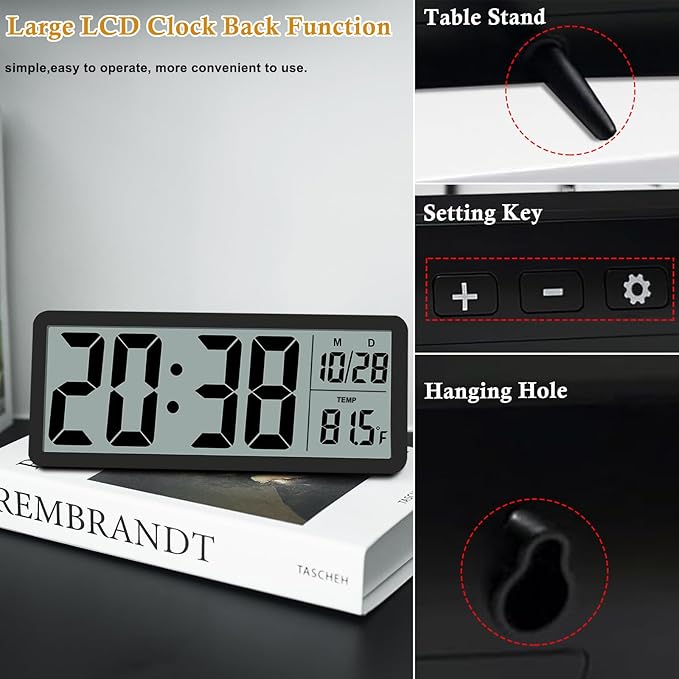 Digital LCD Wall Clock Easy to Set, 8.5 Inch LCD Screen with Time/Date/Temperature Display,Simple Digital Desk Clock with 12/24H for Bedroom Living Room Office Décor