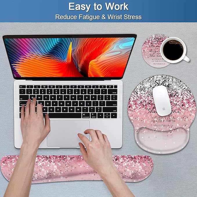 Keyboard Wrist Rest and Mouse Pad Wrist Support Set with Coasters, Non-Slip PU Base Ergonomic Gaming Mousepad for Home Office Working Studying Easy Typing & Pain Relief, Bible Verses Proverbs 31:25