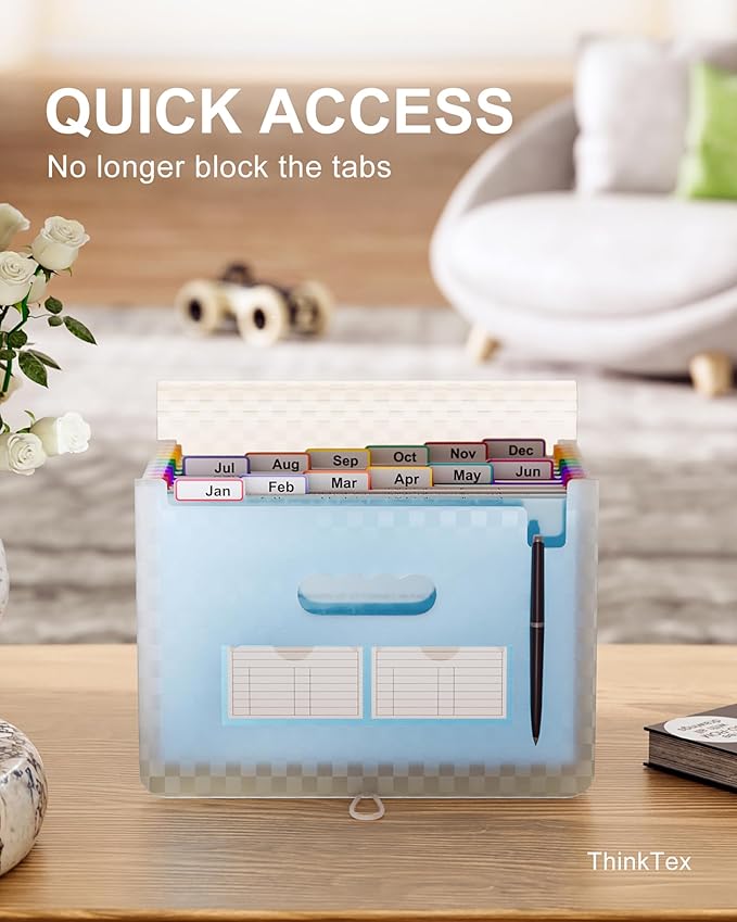 ThinkTex Accordion File Organizer, 12 - Pocket Expanding File Folders for Paper Receipts, Bills&Taxes Organizer, Letter/A4 Size Document Holder for School, Office, Home with Colorful tabs- Blue