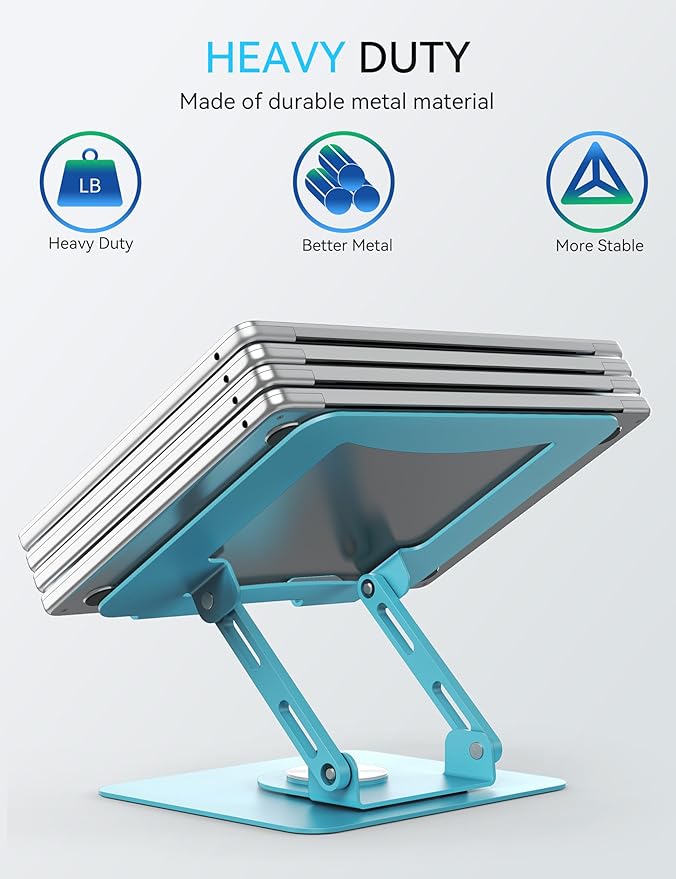 SOUNDANCE Laptop Stand with 360° Rotating Base, Ergonomic Computer Riser for Desk, Adjutable Height Muti-Angle, Foldable Laptop Mount, Stable Metal Holder Support 10-15.6" Notebook PC, Blue