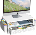 Spacrea Desk Organizer and Accessories, Computer Monitor Stand Riser with Drawer and 2 Pen Holders, Office Desk Accessories & Workspace Organizers for Office Supplies (White)