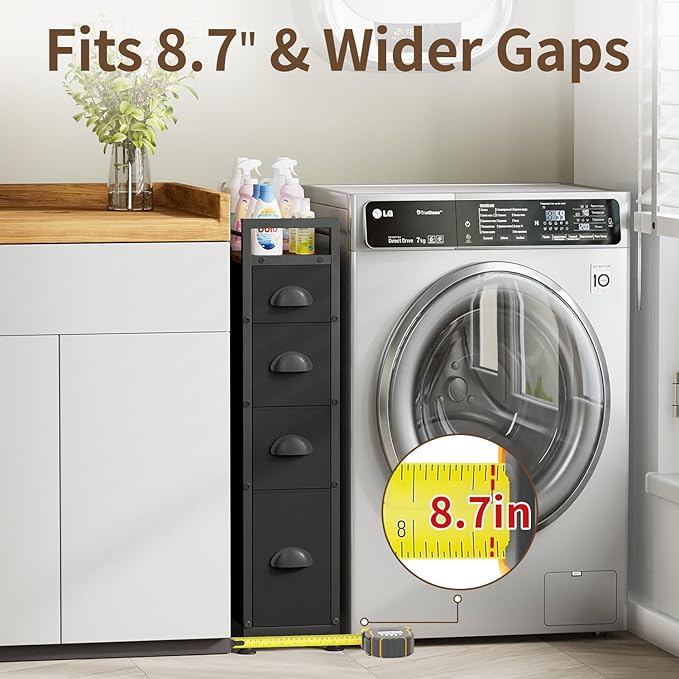 LASZOLA 4 Drawer Narrow Dresser Slim Cabinet Skinny Storage Tower Chest, Ideal for Small Spaces Bathroom Bedroom, Between Washer and Dryer, Lightweight Mobile on Wheels, Sturdy Fabric Drawers, Black