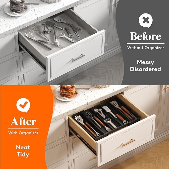 Lifewit Utensil Organizer for Kitchen Drawers, Expandable Cooking Utensil Tray, Adjustable Cutlery Silverware Flatware Holder, Plastic Spatula Tools and Gadgets Storage Divider, Black, 11"-18" x 14"