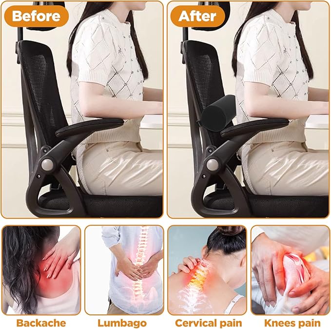Lumbar Support Pillow for Office Chair and Car Seat, 2 PCS Lumbar Rolls with Adjustable Strap & Washable Cover, Memory Foam Back Support Cushion - Improves Posture(Black)