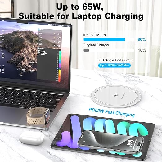 Pop Up Countertop Outlet with 15W Wireless Charger, PD 65W USB-C Ports & 4 AC Outlets, 800J Surge Protection, 4.75 inch Pop Up Electrical Outlet, 6Ft Cord for Home Office(ETL & FCC Listed)