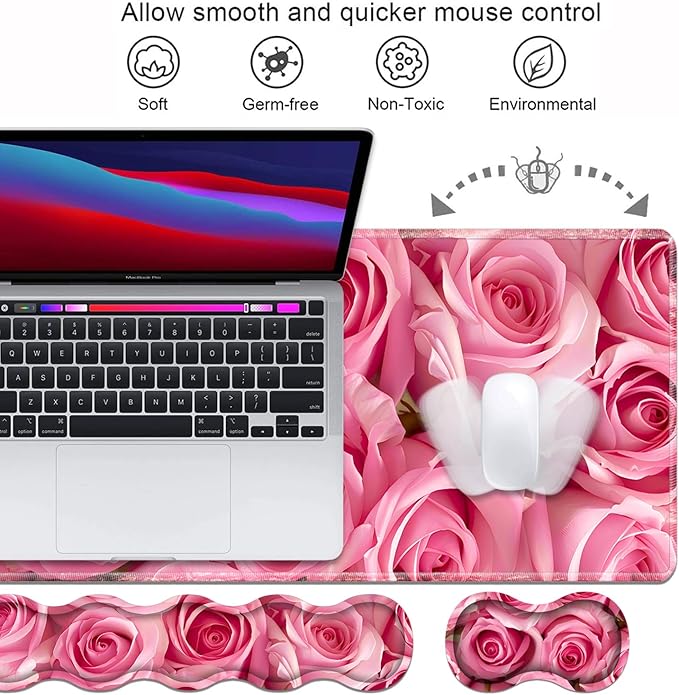 Ergonomic Keyboard Wrist Rest and Mouse Pad Wrist Rest Set, Large XXL Gaming Mousepad 31.5"x 11.8", Memory Foam, Easy Typing Pain Relief, Multifunctional Desk Mat for Office & Home, Pink Roses